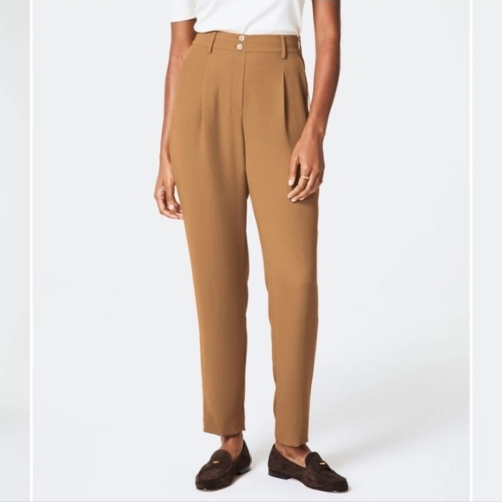 Spanx Carefree Crepe High-Waisted Tapered Ankle Trouser Pleat Pants Camel 1X